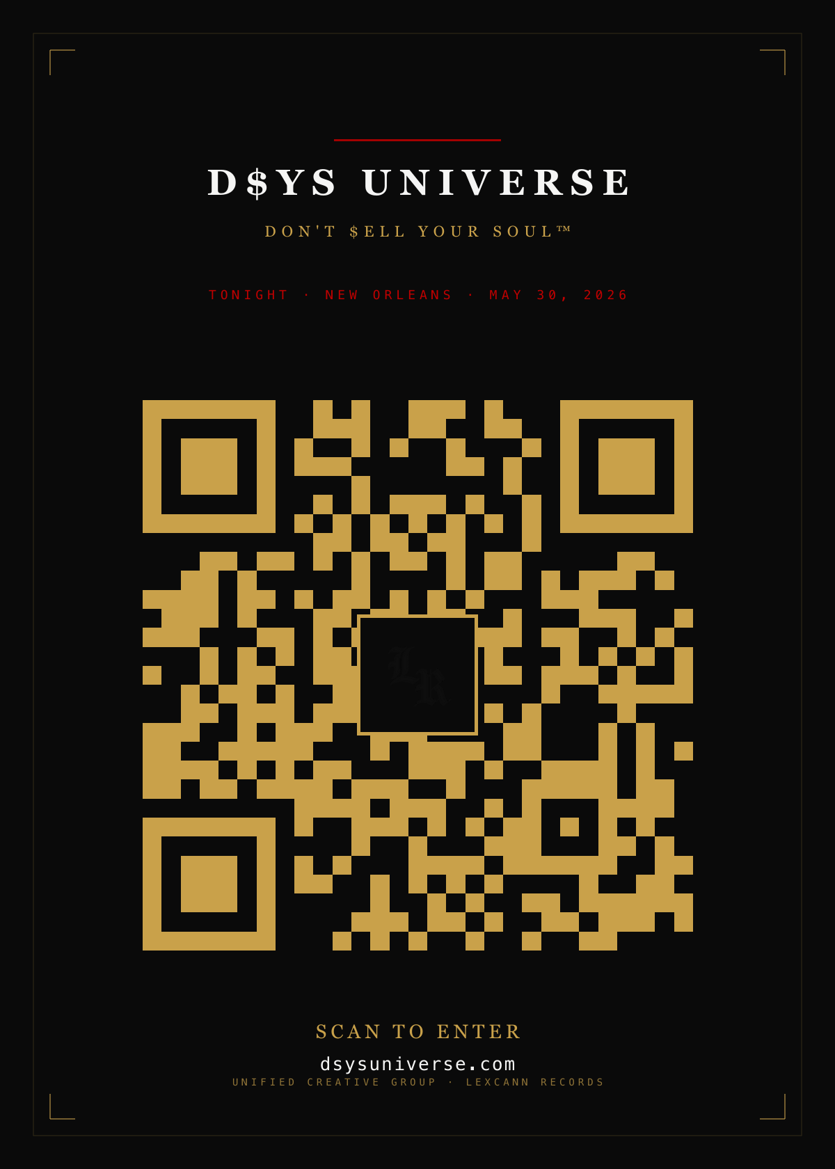 Printable D$YS attendee card with branded QR code for dsysuniverse.com