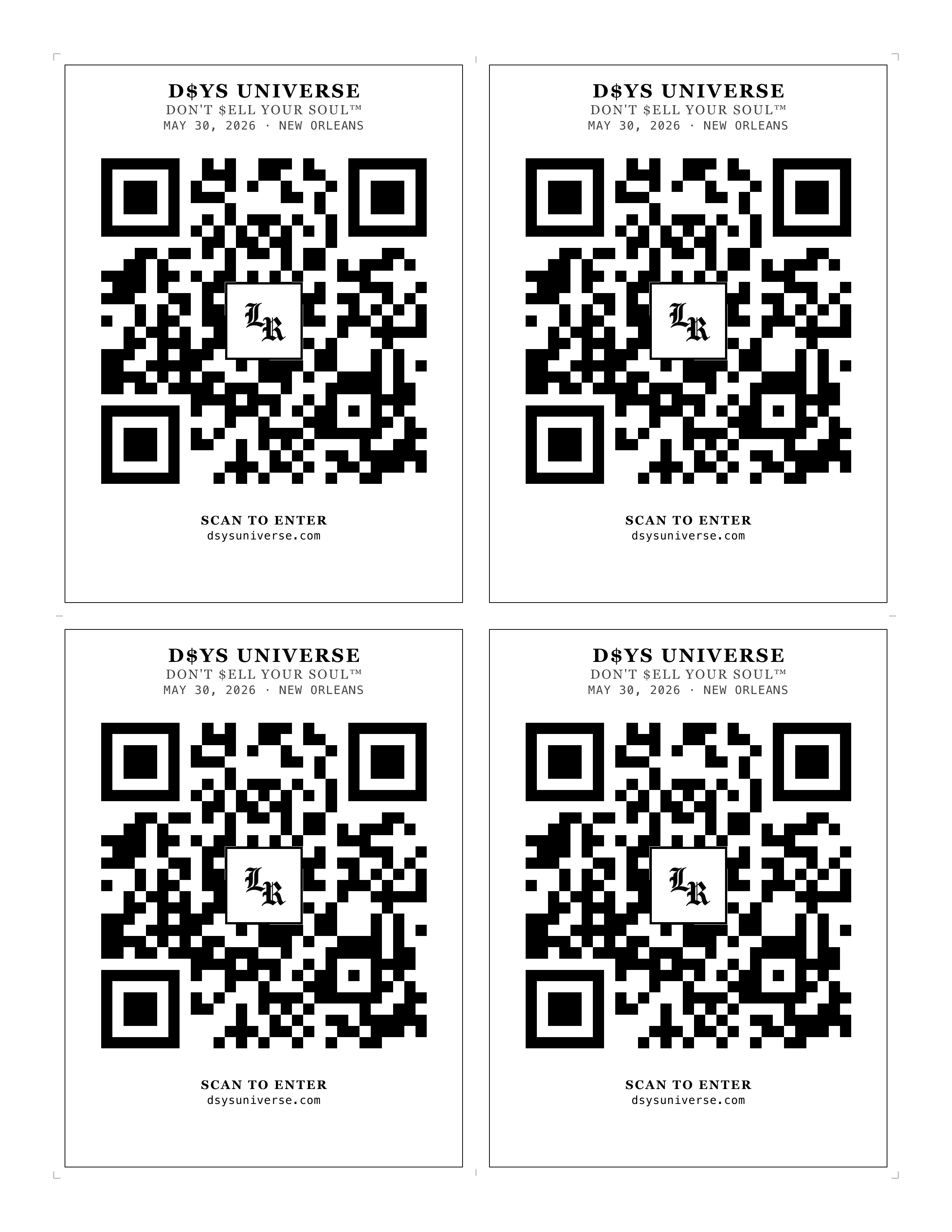 US Letter print sheet with four black and white D$YS attendee QR cards for dsysuniverse.com