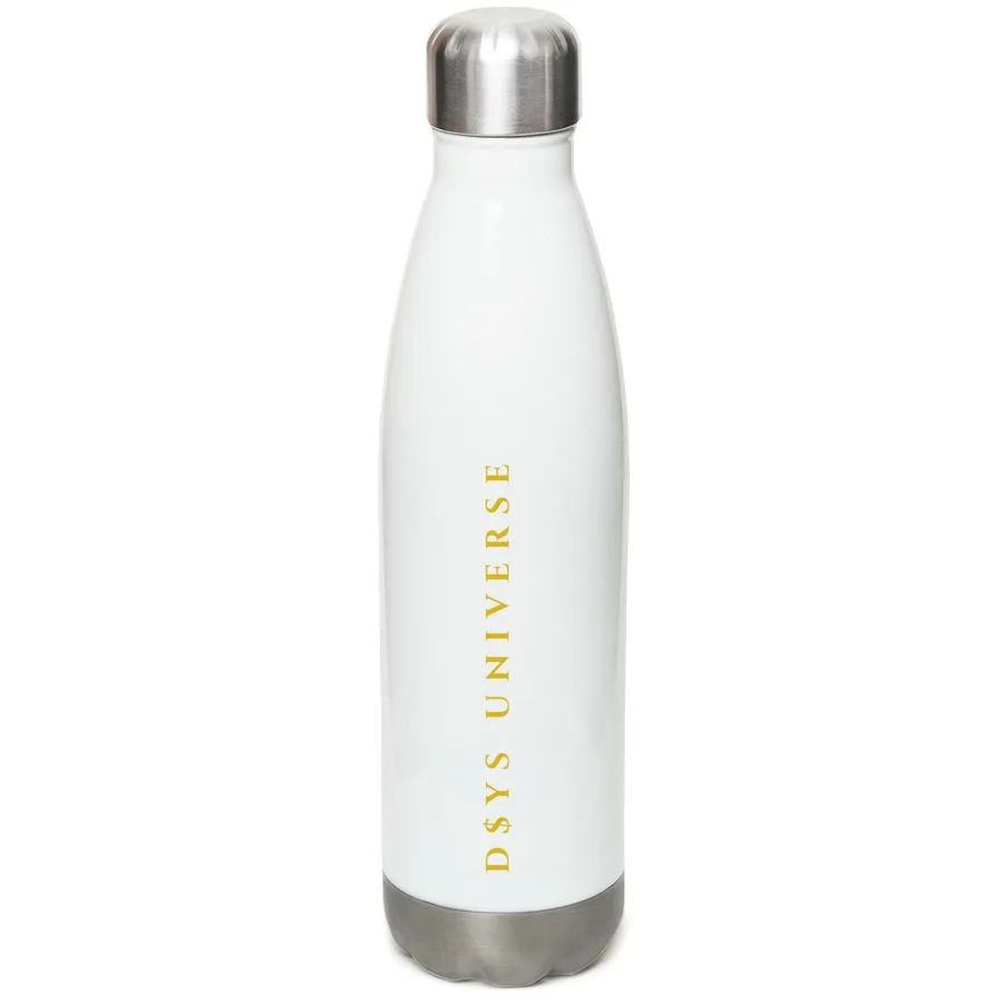 D$YS Universe Signature Bottle, a white stainless steel water bottle with gold D$YS Universe lettering